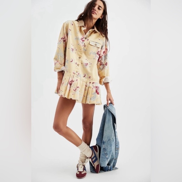 NWOT Free People Connor Yellow Floral Mini Shirt Dress - Picture 2 of 10
